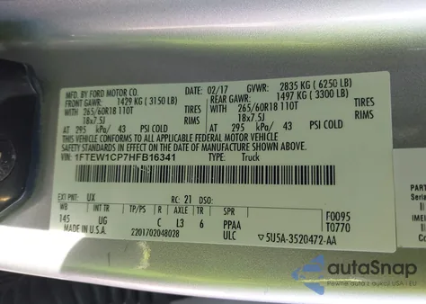 2017 Ford F-150 Xlt from USA, damaged, VIN 1FTEW1CP7HFB16341